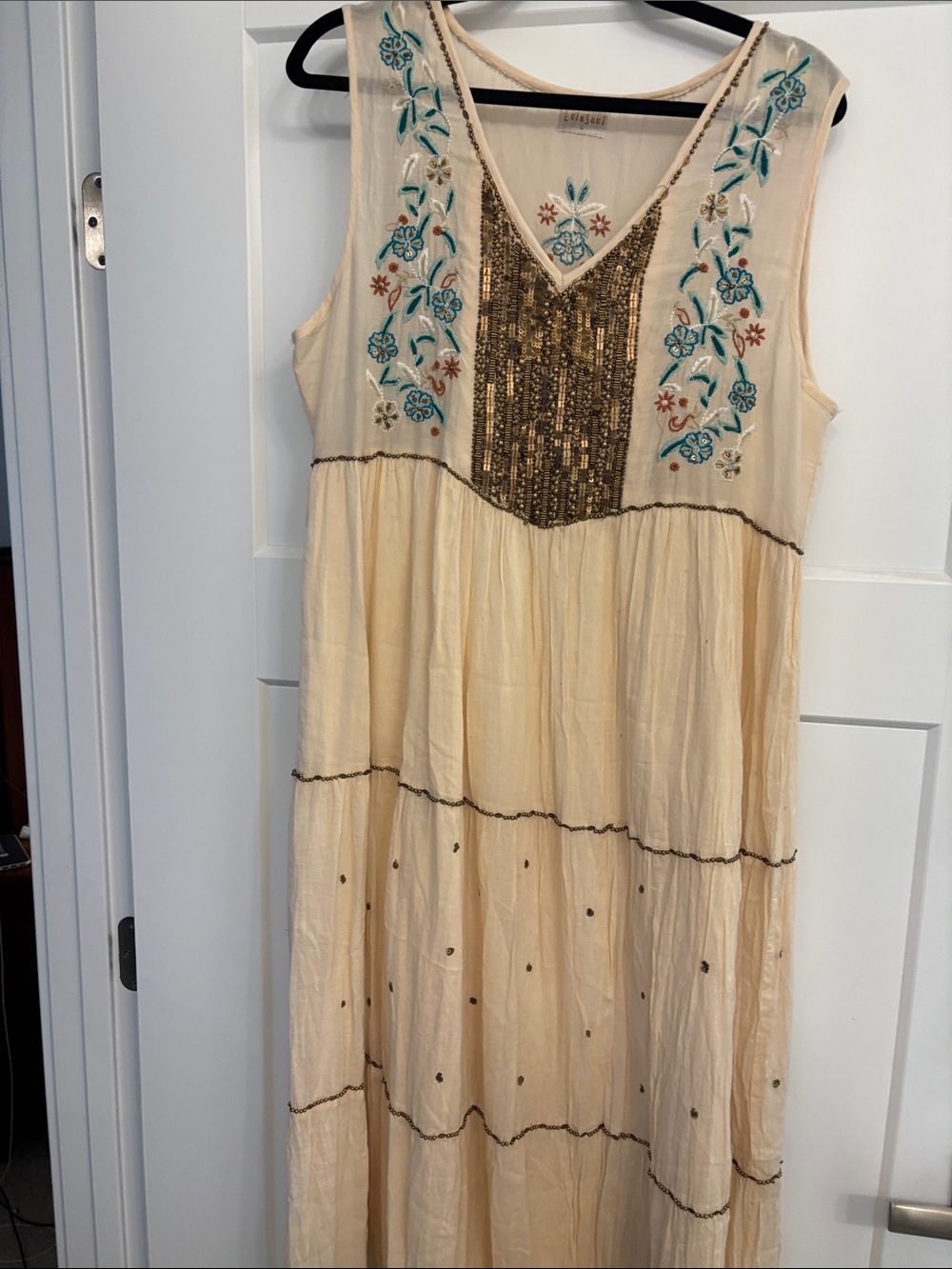 Embroidered Cream Sleeveless Maxi Dress with Gold Beaded Panel size Large